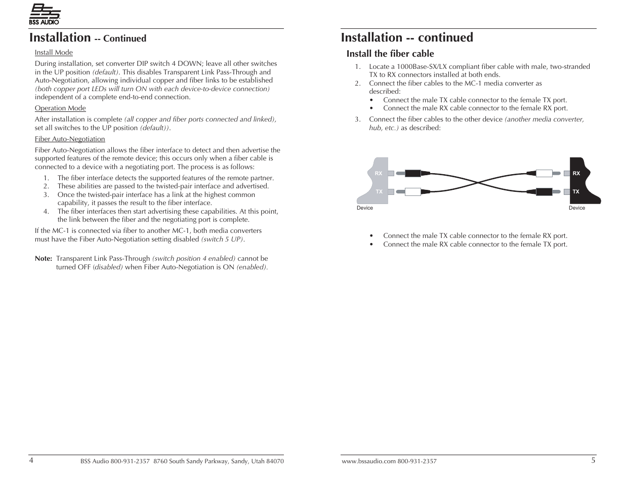 Installation, Installation -- continued, Continued | Install the fiber cable | BSS Audio MC-1 User Manual | Page 3 / 9