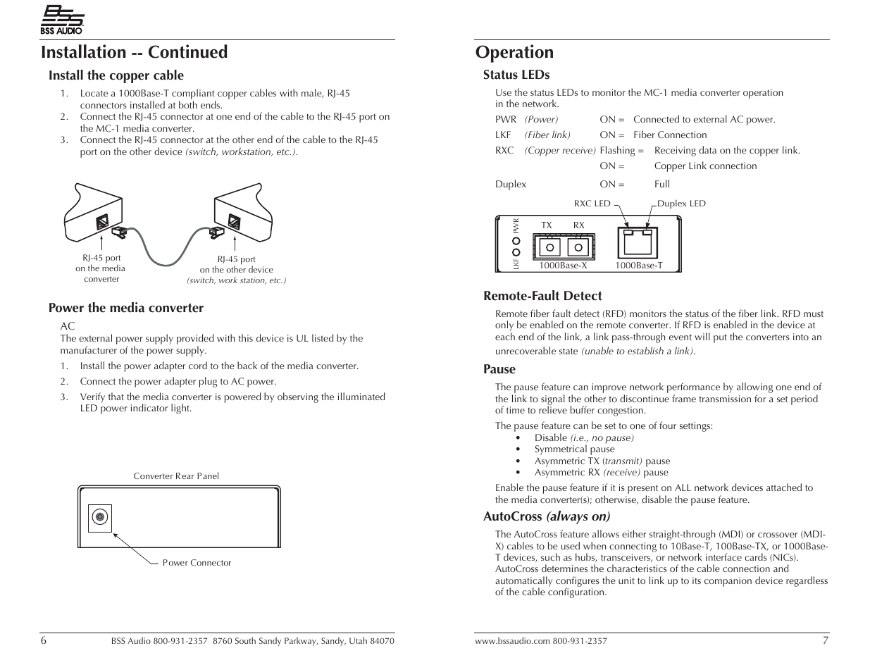 Installation -- continued, Operation, Install the copper cable | Power the media converter, Status leds, Remote-fault detect, Pause, Autocross (always on) | BSS Audio MC-1 User Manual | Page 4 / 9