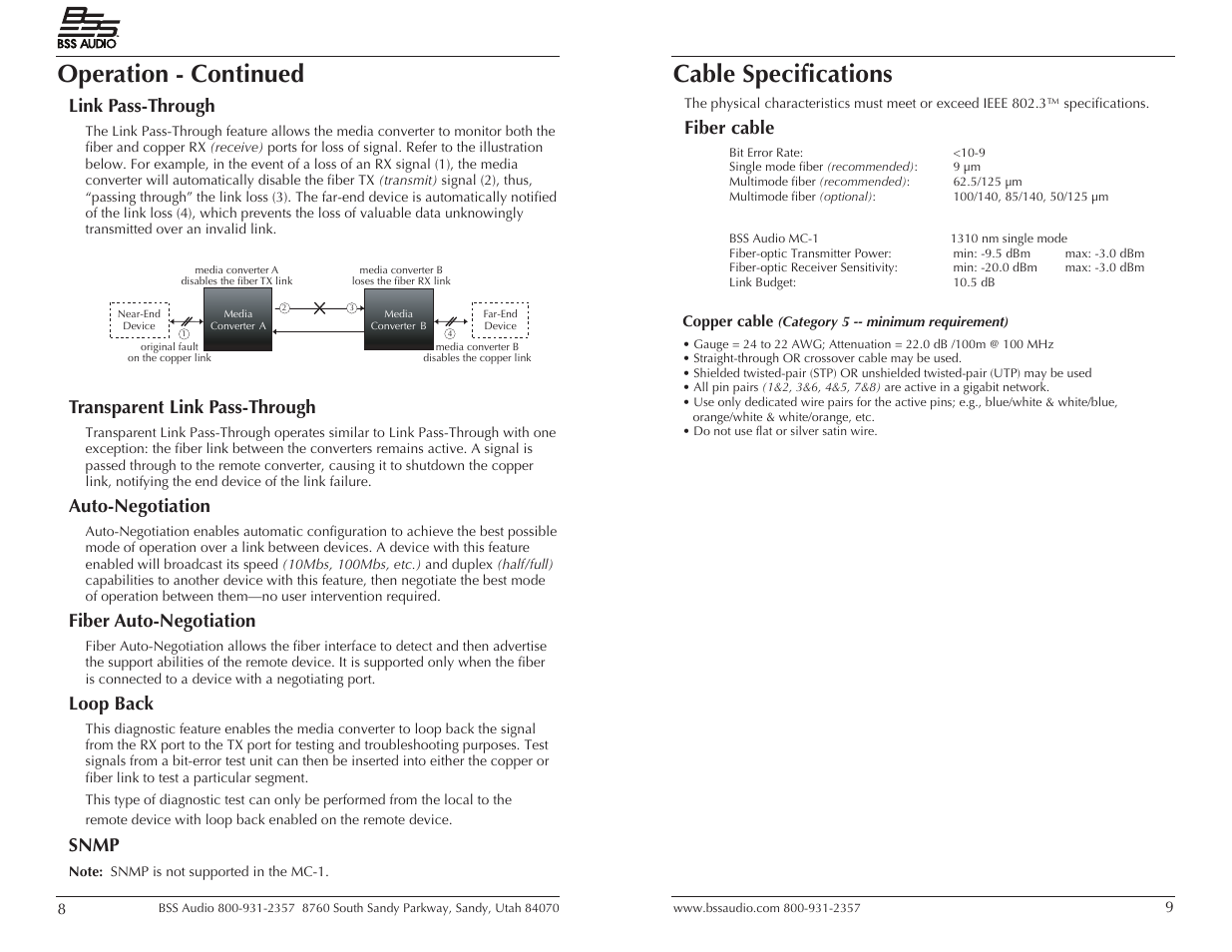 Operation - continued, Cable specifications, Link pass-through | Transparent link pass-through, Auto-negotiation, Fiber auto-negotiation, Loop back, Snmp, Fiber cable | BSS Audio MC-1 User Manual | Page 5 / 9