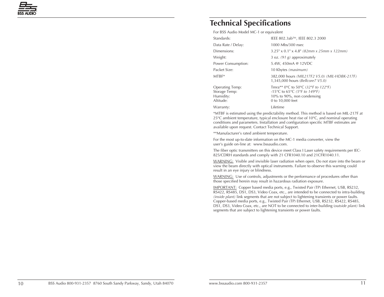 Technical specifications | BSS Audio MC-1 User Manual | Page 6 / 9