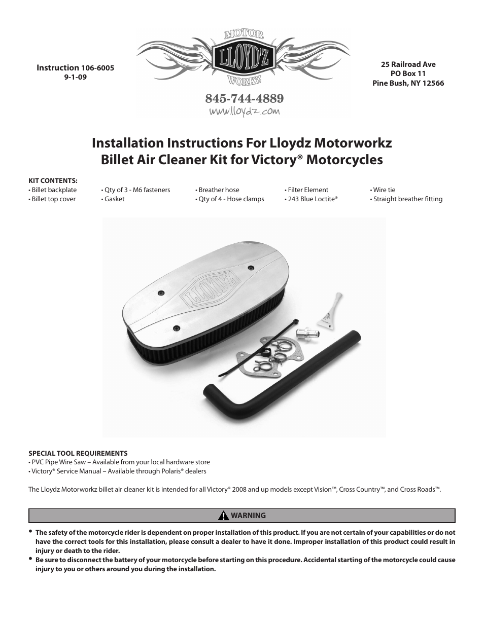 S&S Cycle Lloydz Motorworkz Billet Air Cleaner Kit for Victory Motorcycles User Manual | 11 pages