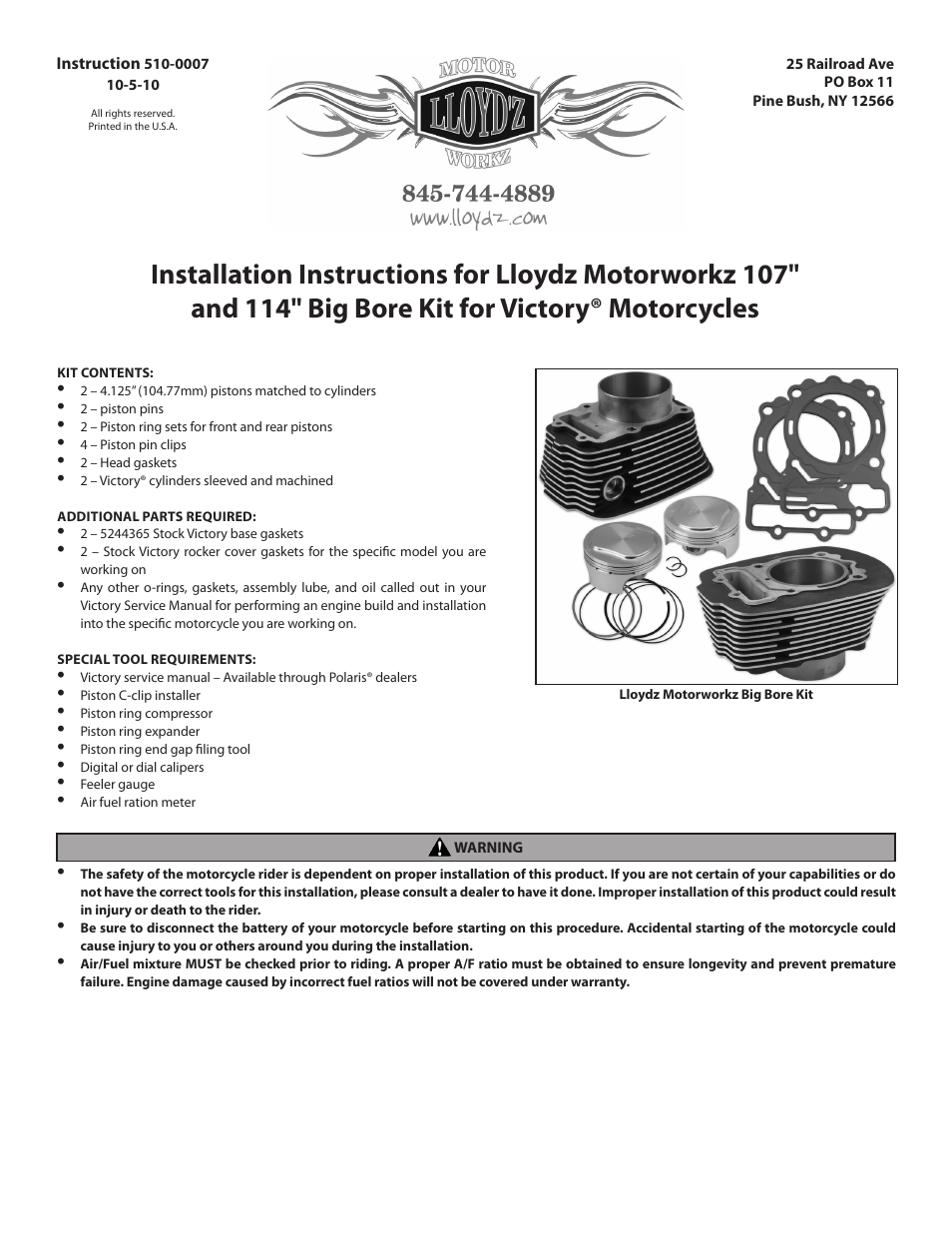 S&S Cycle Lloydz Motorworkz 107 and 114 Big Bore Kit for Victory Motorcycles User Manual | 9 pages