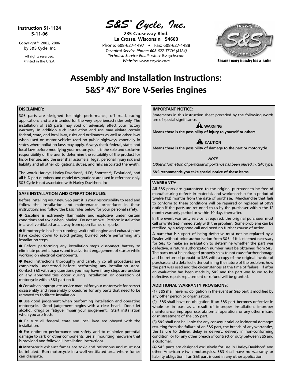 S&S Cycle Bore 4 1⁄8 V-Series Engines User Manual | 20 pages