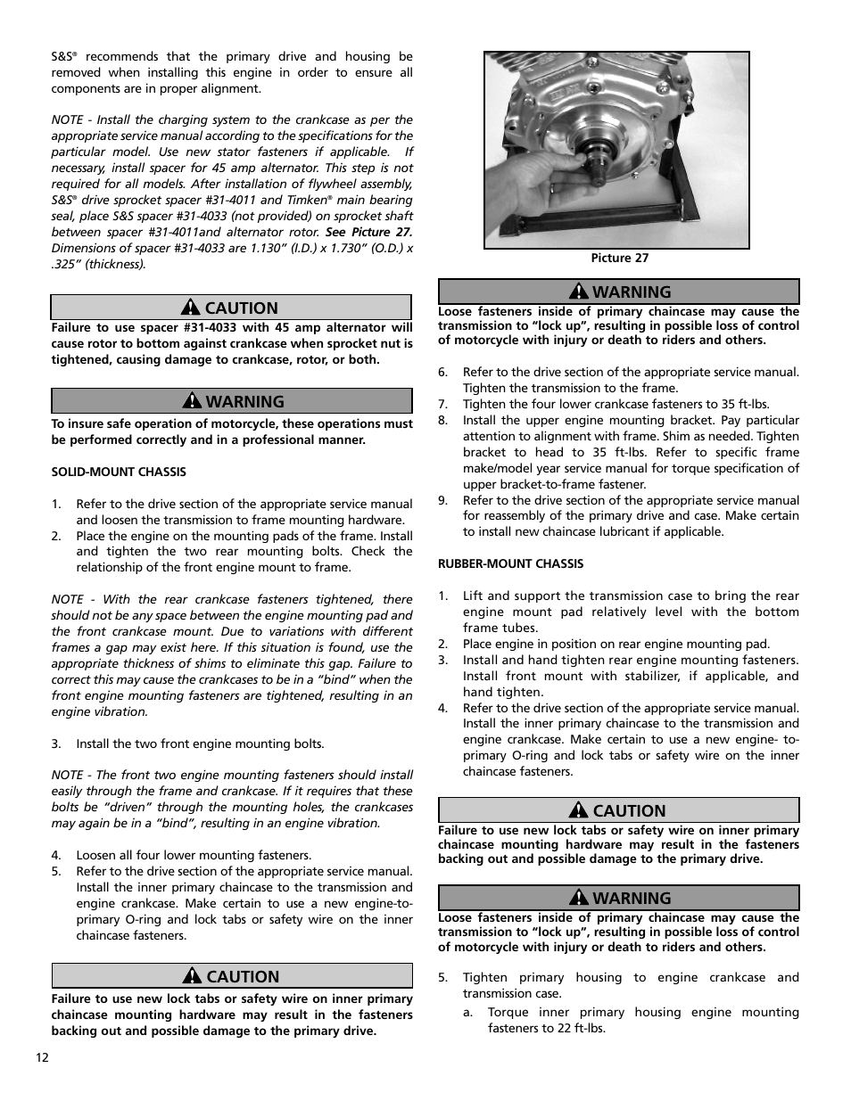 Caution warning caution, Warning caution warning | S&S Cycle Bore 4 1⁄8 V-Series Engines User Manual | Page 12 / 20