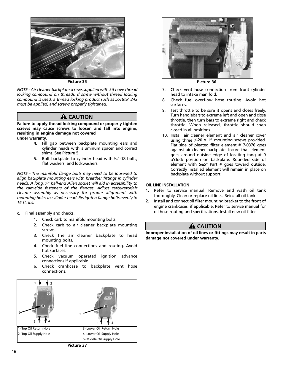 Caution | S&S Cycle Bore 4 1⁄8 V-Series Engines User Manual | Page 16 / 20