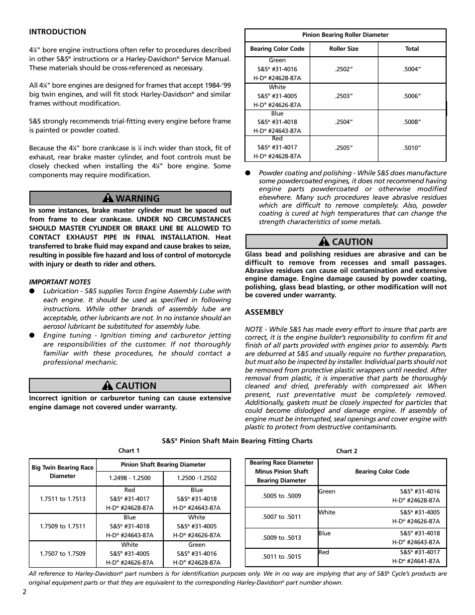 Warning caution, Caution, Introduction | Assembly | S&S Cycle Bore 4 1⁄8 V-Series Engines User Manual | Page 2 / 20