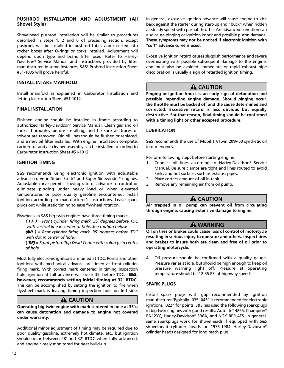 Caution, Caution warning | S&S Cycle Big Twin Engines with 3-1/2 and 3-5/8 Bore Crankcases and Special Application (SA) 4 Bore Crankcases User Manual | Page 12 / 16