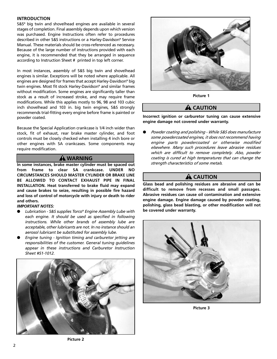 Warning, Caution | S&S Cycle Big Twin Engines with 3-1/2 and 3-5/8 Bore Crankcases and Special Application (SA) 4 Bore Crankcases User Manual | Page 2 / 16