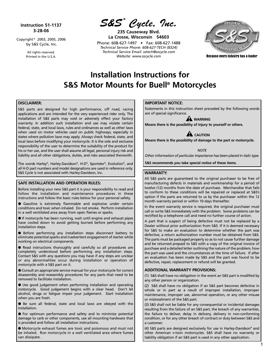 S&S Cycle Motor Mounts for Buell Motorcycles User Manual | 4 pages