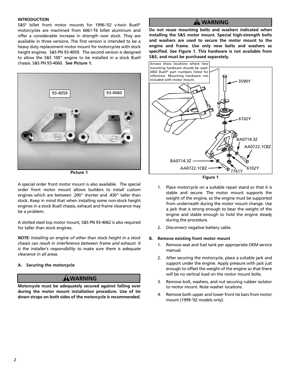 Warning | S&S Cycle Motor Mounts for Buell Motorcycles User Manual | Page 2 / 4