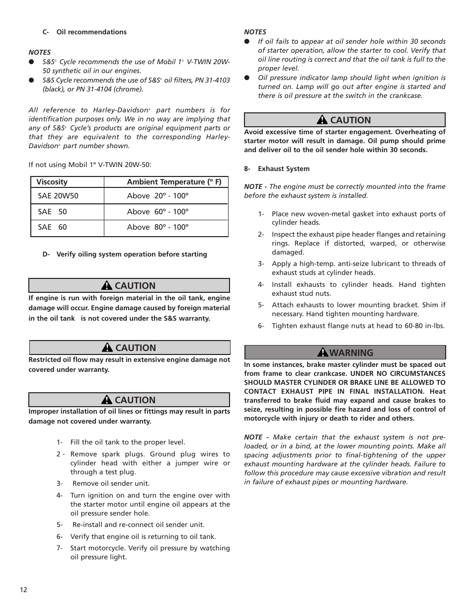 Caution, Caution warning caution | S&S Cycle T111 Engine Assembly User Manual | Page 12 / 16