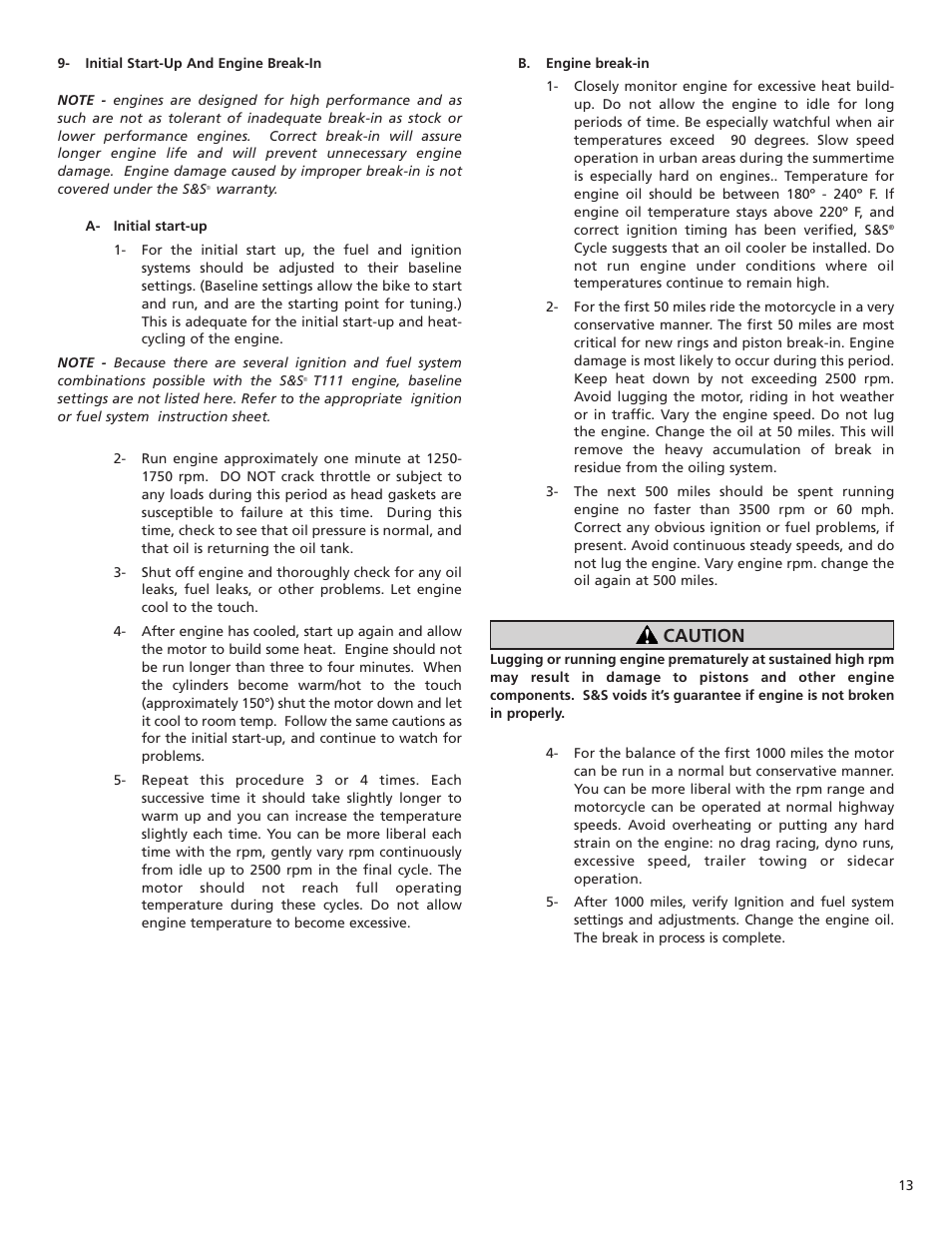 Caution | S&S Cycle T111 Engine Assembly User Manual | Page 13 / 16