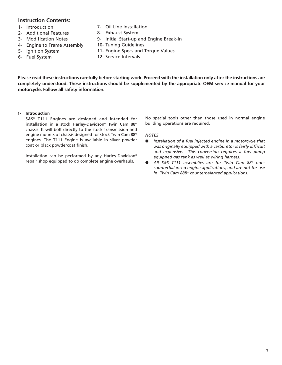 Instruction contents | S&S Cycle T111 Engine Assembly User Manual | Page 3 / 16