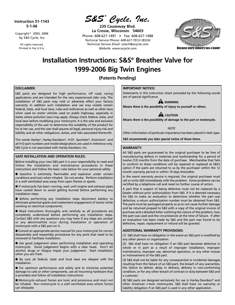 S&S Cycle Breather Valve for 1999-2006 Big Twin Engines User Manual | 4 pages