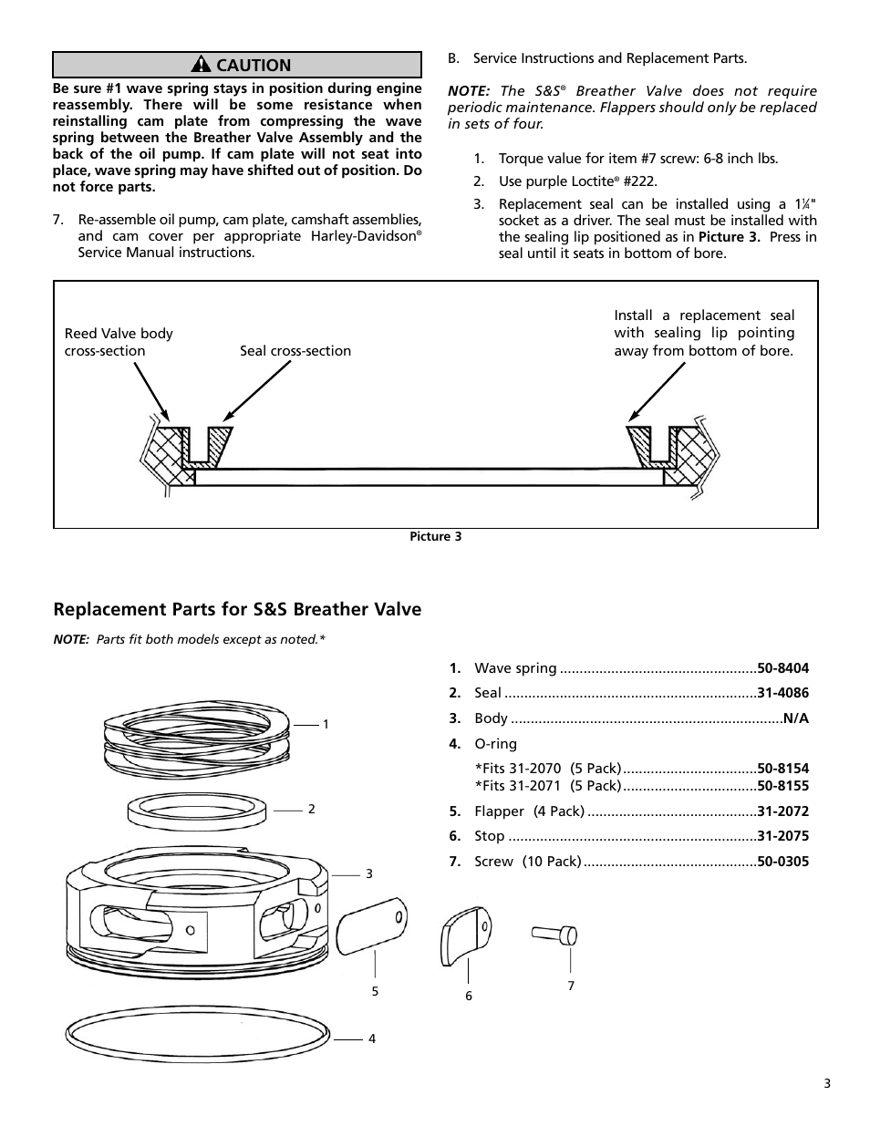 Replacement parts for s&s breather valve, Caution | S&S Cycle Breather Valve for 1999-2006 Big Twin Engines User Manual | Page 3 / 4