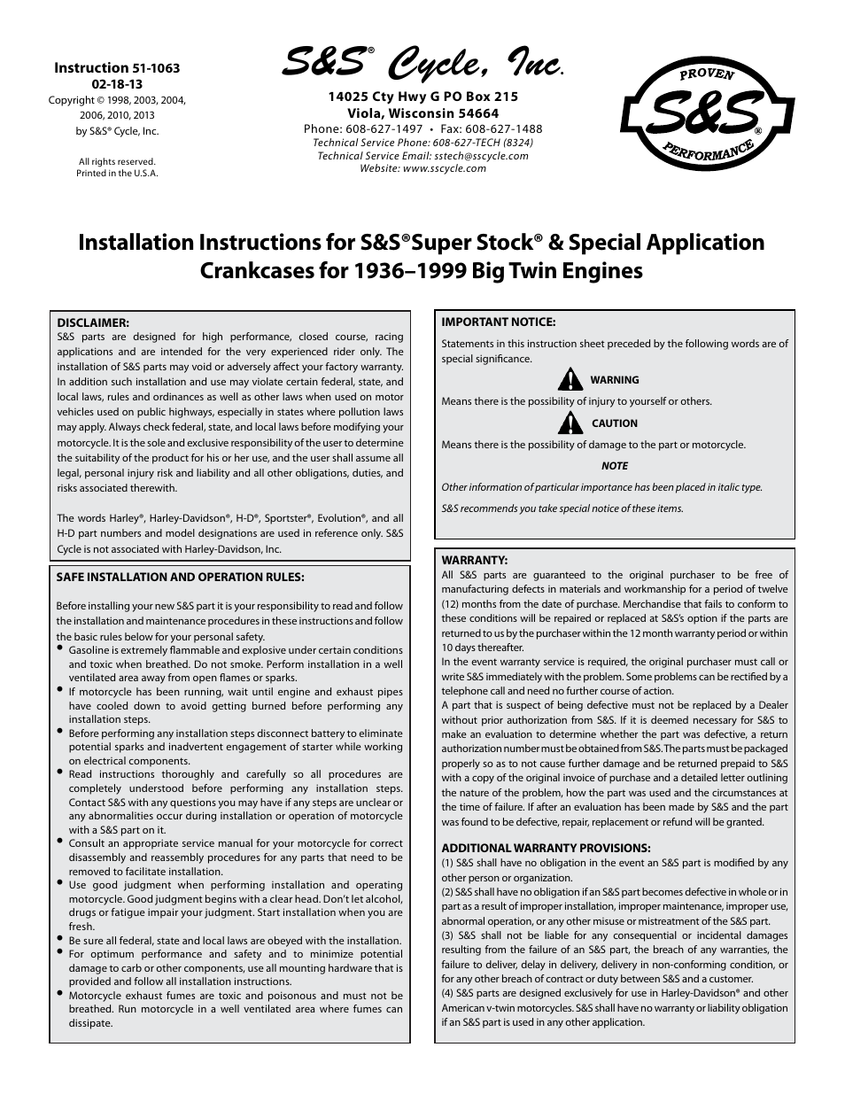 S&S Cycle Super Stock & Special Application Crankcases for 1936–1999 Big Twin Engines User Manual | 1 page