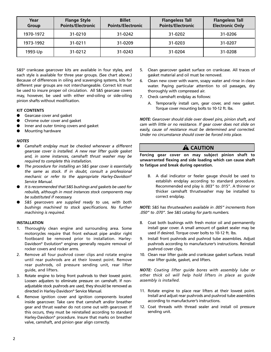 Caution | S&S Cycle Big Twin Crankcase Gearcover Kits User Manual | Page 2 / 4