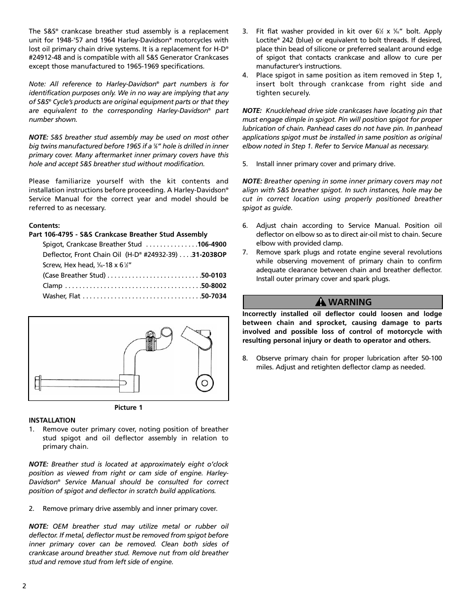 Warning | S&S Cycle Crankcase Breather Stud Assembly User Manual | Page 2 / 2