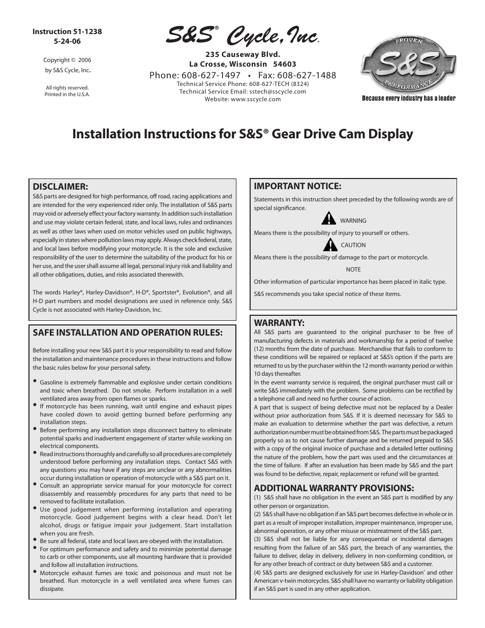 S&S Cycle Gear Drive Cam Display User Manual | 4 pages