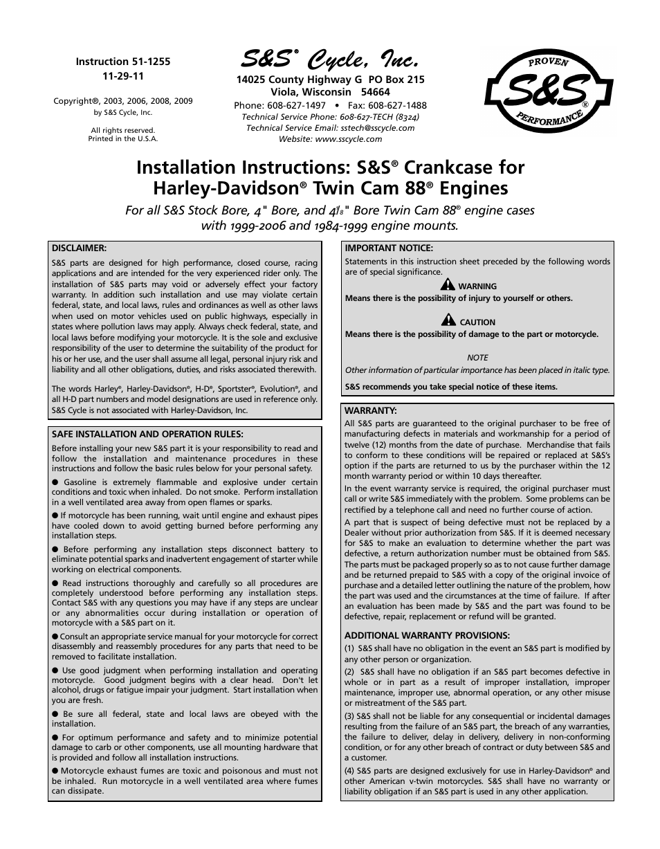 S&S Cycle Crankcase for Harley-Davidson Twin Cam 88 Engines User Manual | 12 pages