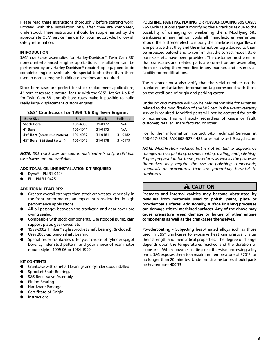 S&S Cycle Crankcase for Harley-Davidson Twin Cam 88 Engines User Manual | Page 3 / 12