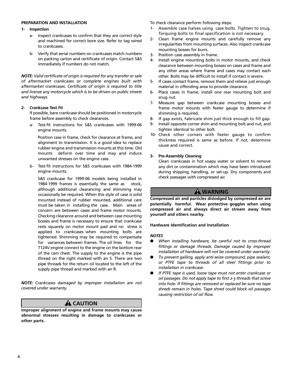 Caution warning | S&S Cycle Crankcase for Harley-Davidson Twin Cam 88 Engines User Manual | Page 4 / 12