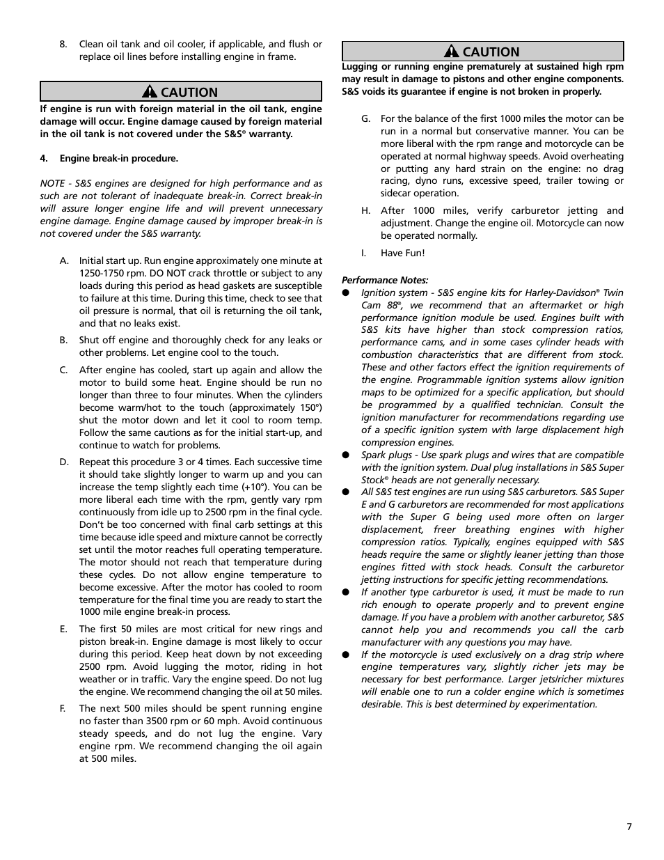 Caution | S&S Cycle Stroker Kits 106 for Harley-Davidson Twin Cam 88 Engines User Manual | Page 7 / 8