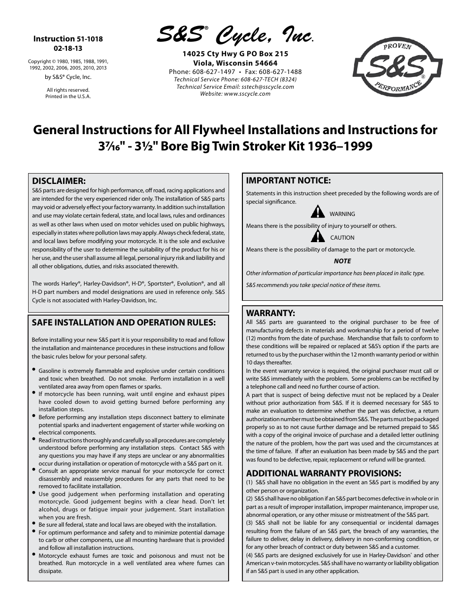 S&S Cycle Bore Big Twin Stroker Kit 1936–1999 3 7/16 - 3 1/2 User Manual | 20 pages