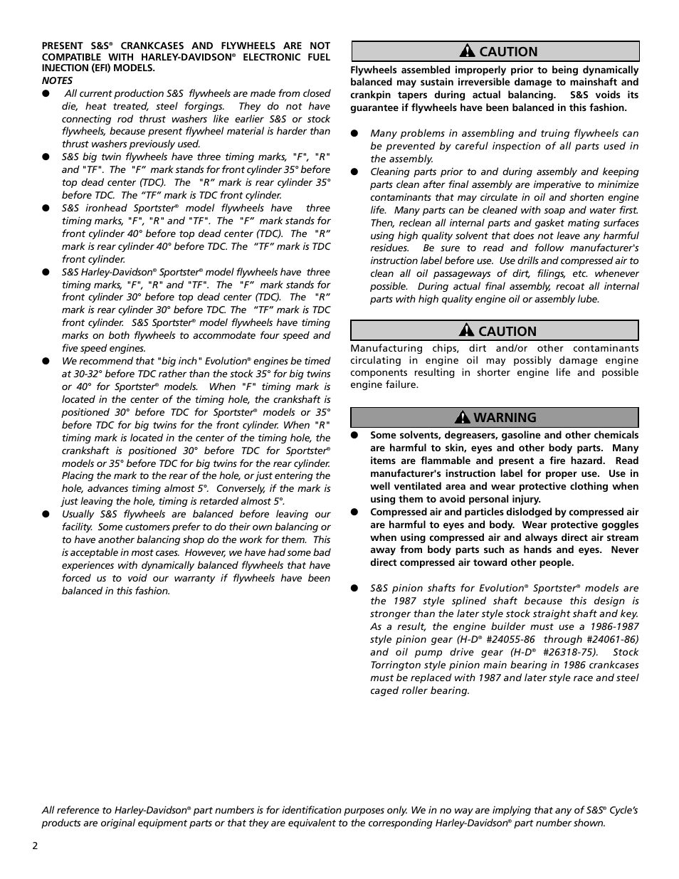 Caution, Caution warning | S&S Cycle General Flywheel User Manual | Page 2 / 8
