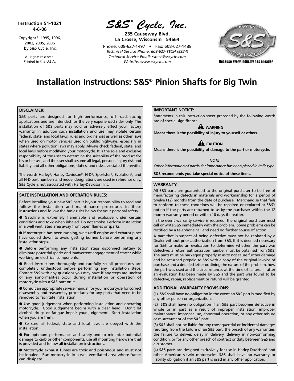 S&S Cycle Pinion Shafts for Big Twin User Manual | 8 pages