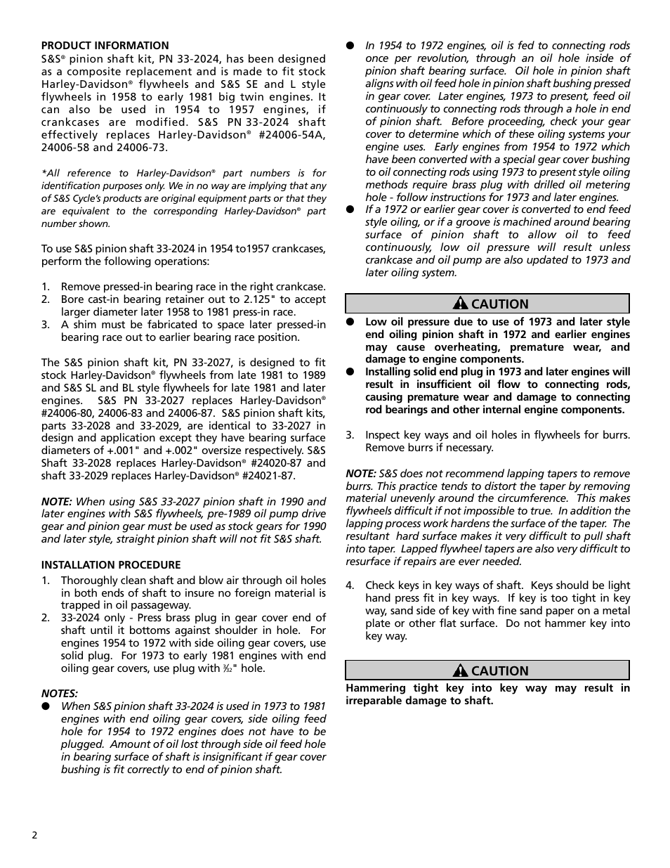 Caution | S&S Cycle Pinion Shafts for Big Twin User Manual | Page 2 / 8