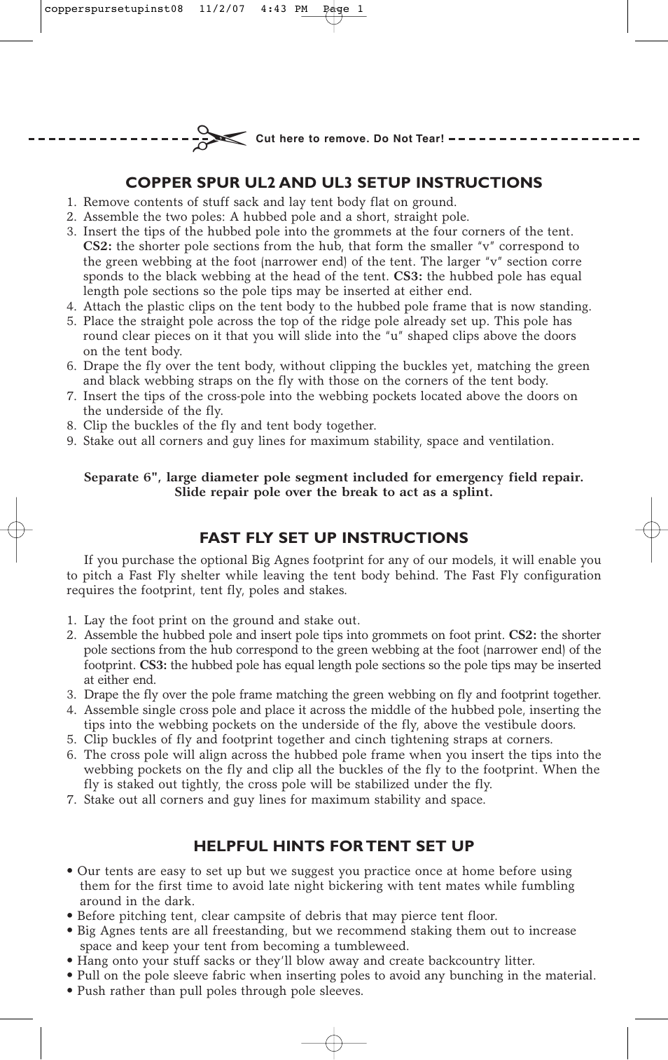 Big Agnes Copper Spur Ultralight Series Copper Spur UL3 User Manual | 2 pages