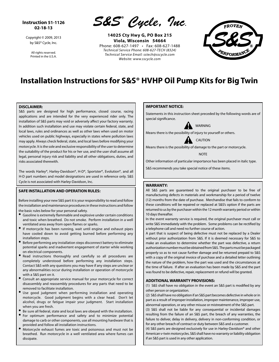 S&S Cycle HVHP Oil Pump Kits for Big Twin User Manual | 10 pages