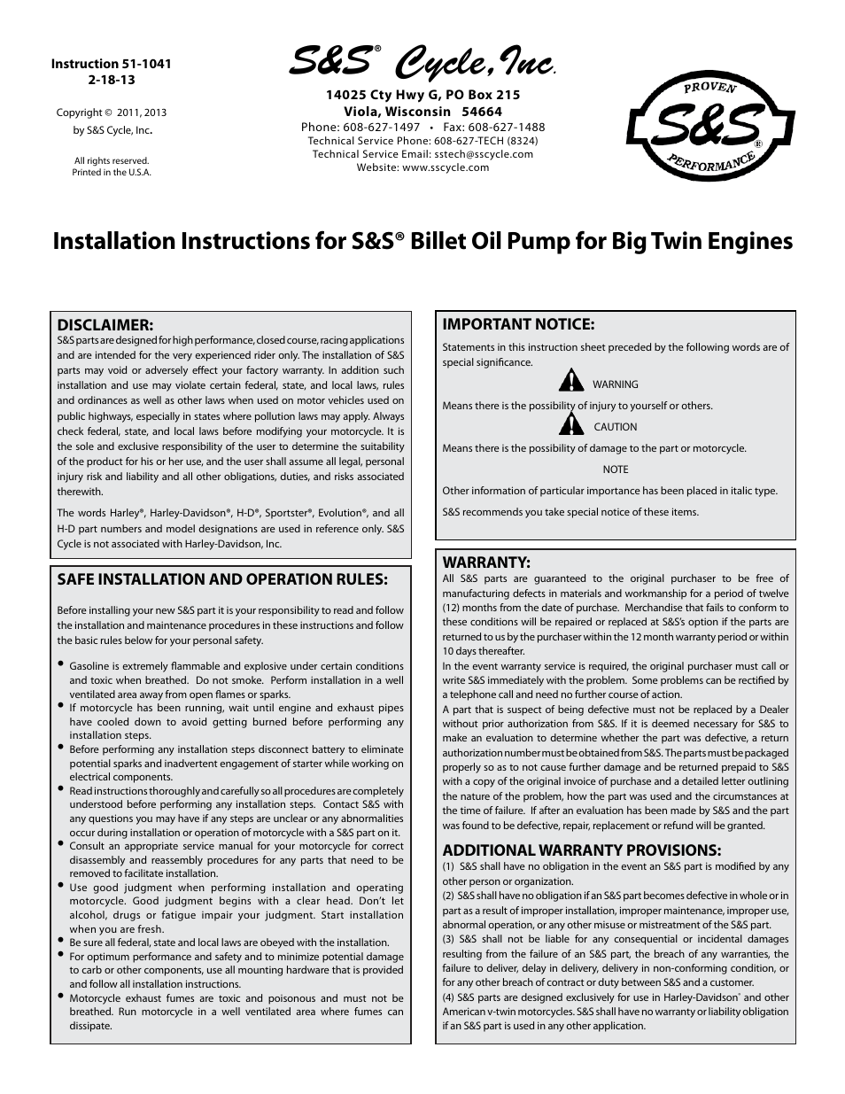 S&S Cycle Billet Oil Pump for Big Twin Engines User Manual | 24 pages