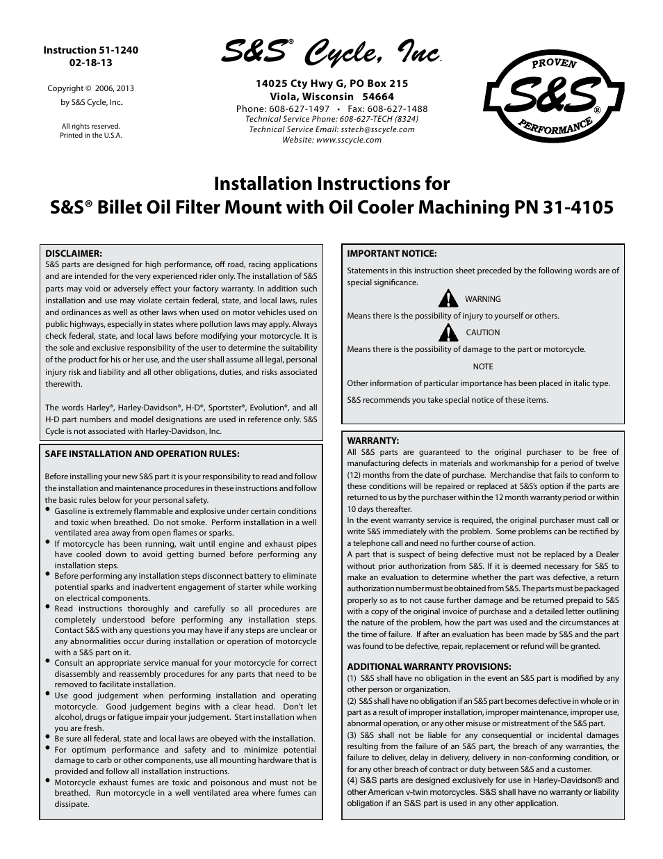 S&S Cycle Billet Oil Filter Mount with Oil Cooler Machining PN 31-4105 User Manual | 8 pages