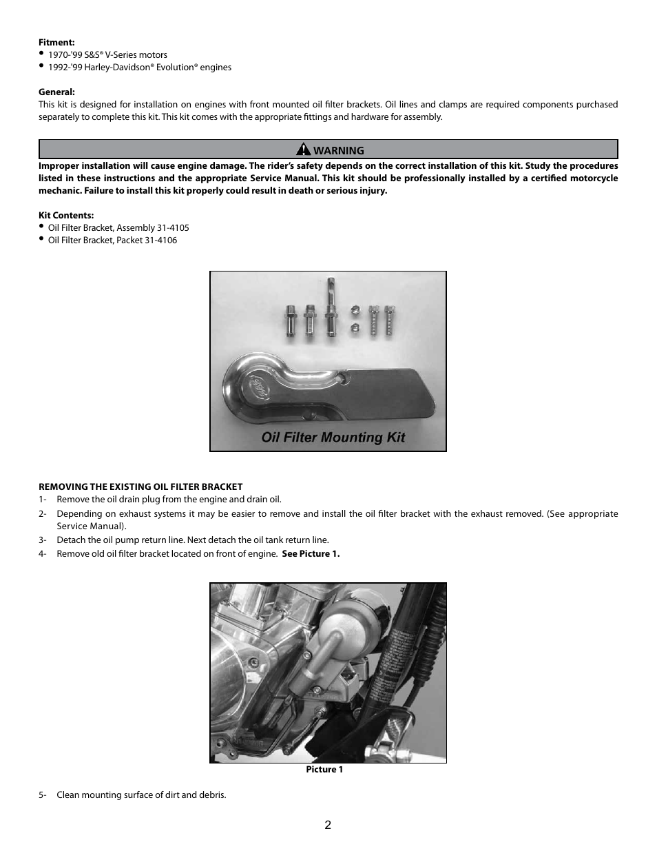 S&S Cycle Billet Oil Filter Mount with Oil Cooler Machining PN 31-4105 User Manual | Page 2 / 8