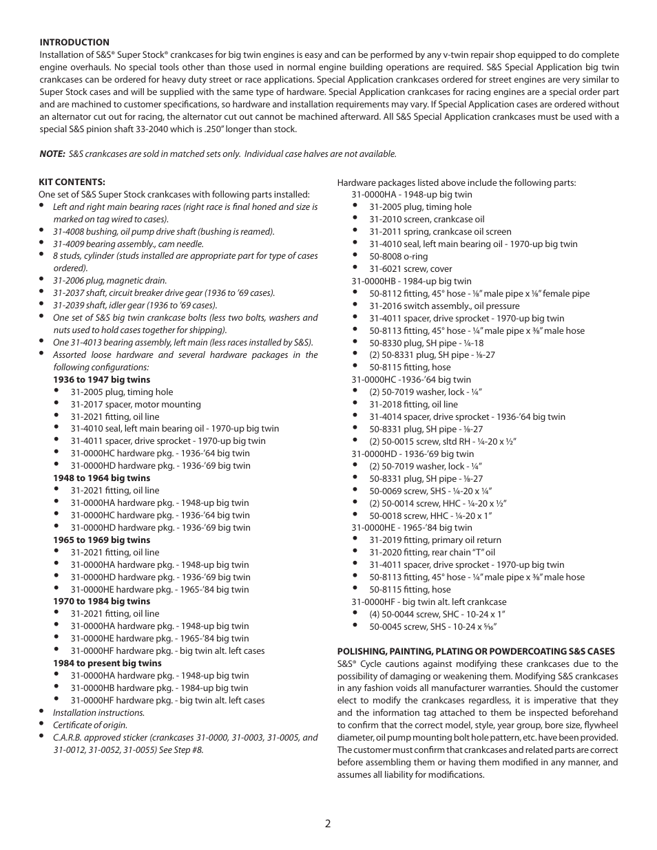 S&S Cycle Super Stock and Special Application Crankcases for 1936-99 Big Twin Engines User Manual | Page 2 / 20