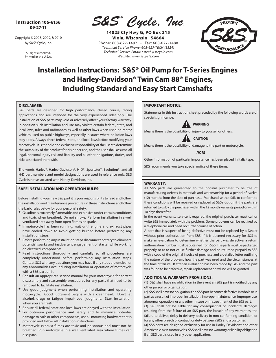 S&S Cycle Oil Pump for T-Series Engines and Harley-Davidson Twin Cam 88 Engines, Including Standard and Easy Start Camshafts User Manual | 18 pages