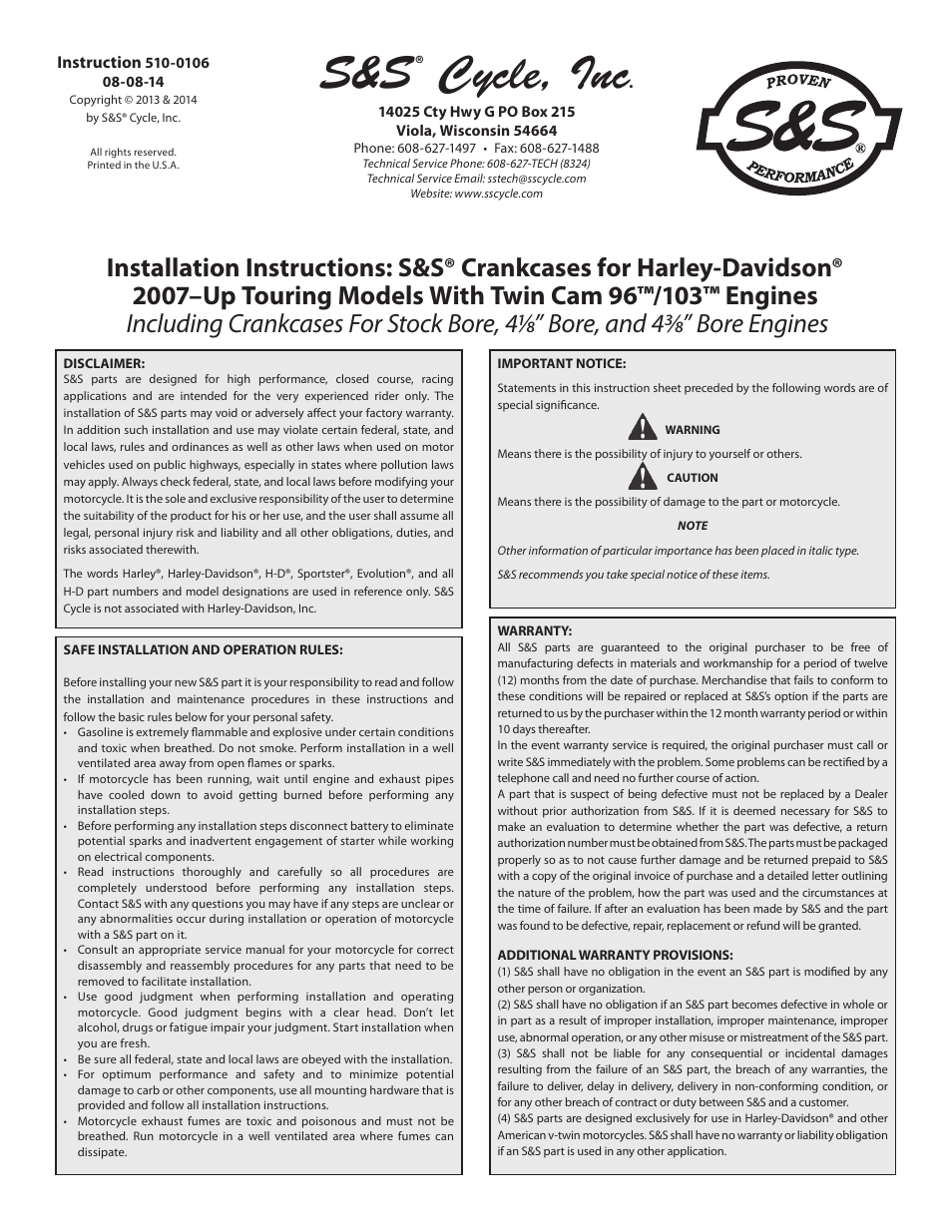 S&S Cycle Crankcases for Harley-Davidson 2007–Up Touring Models With Twin Cam 96/103 Engines User Manual | 9 pages