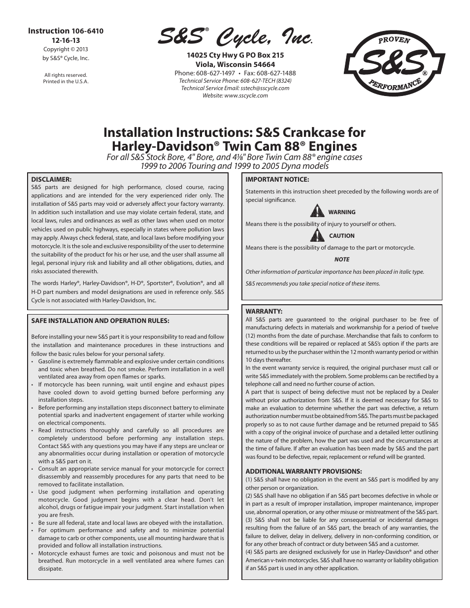 S&S Cycle Crankcase for Harley-Davidson Twin Cam 88 Engines User Manual | 11 pages