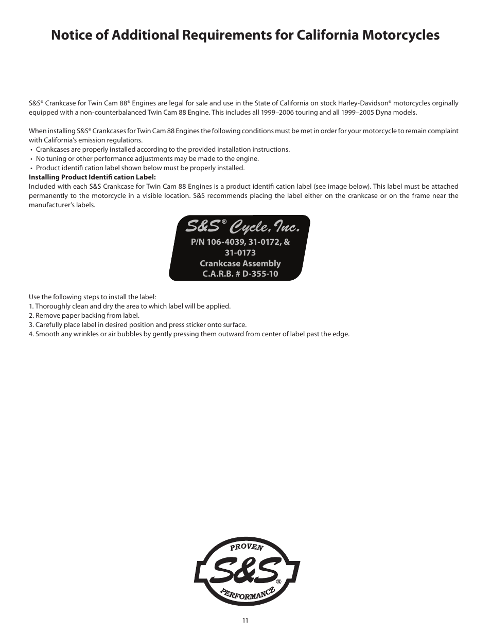 Cycle, inc | S&S Cycle Crankcase for Harley-Davidson Twin Cam 88 Engines User Manual | Page 11 / 11