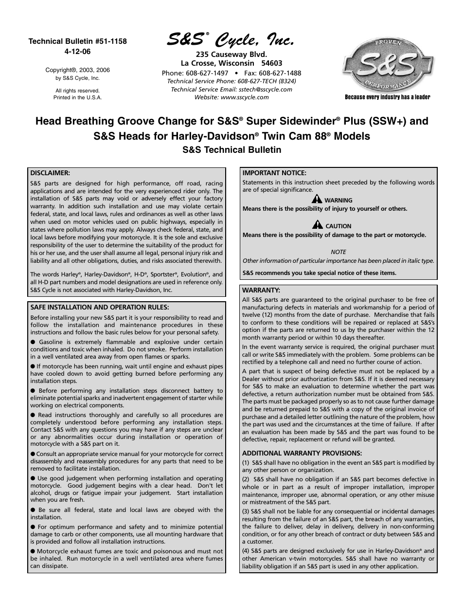 S&S Cycle Head Breathing Groove Change for S&S Super Sidewinder Plus (SSW+) and Heads for Harley-Davidson Twin Cam 88 Models User Manual | 4 pages