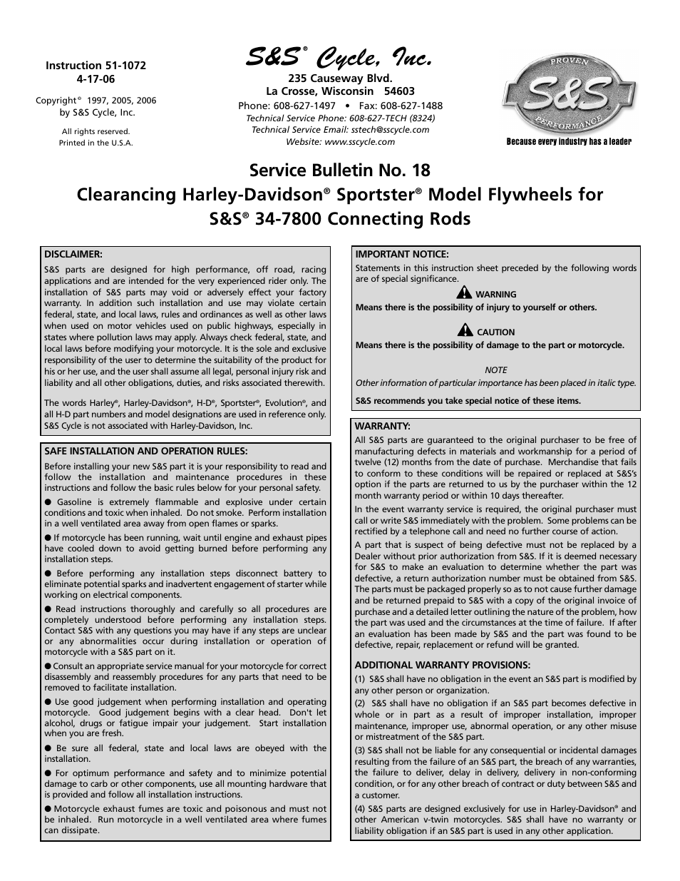 S&S Cycle Clearancing Harley-Davidson Sportster Model Flywheels for 34-7800 Connecting Rods User Manual | 2 pages