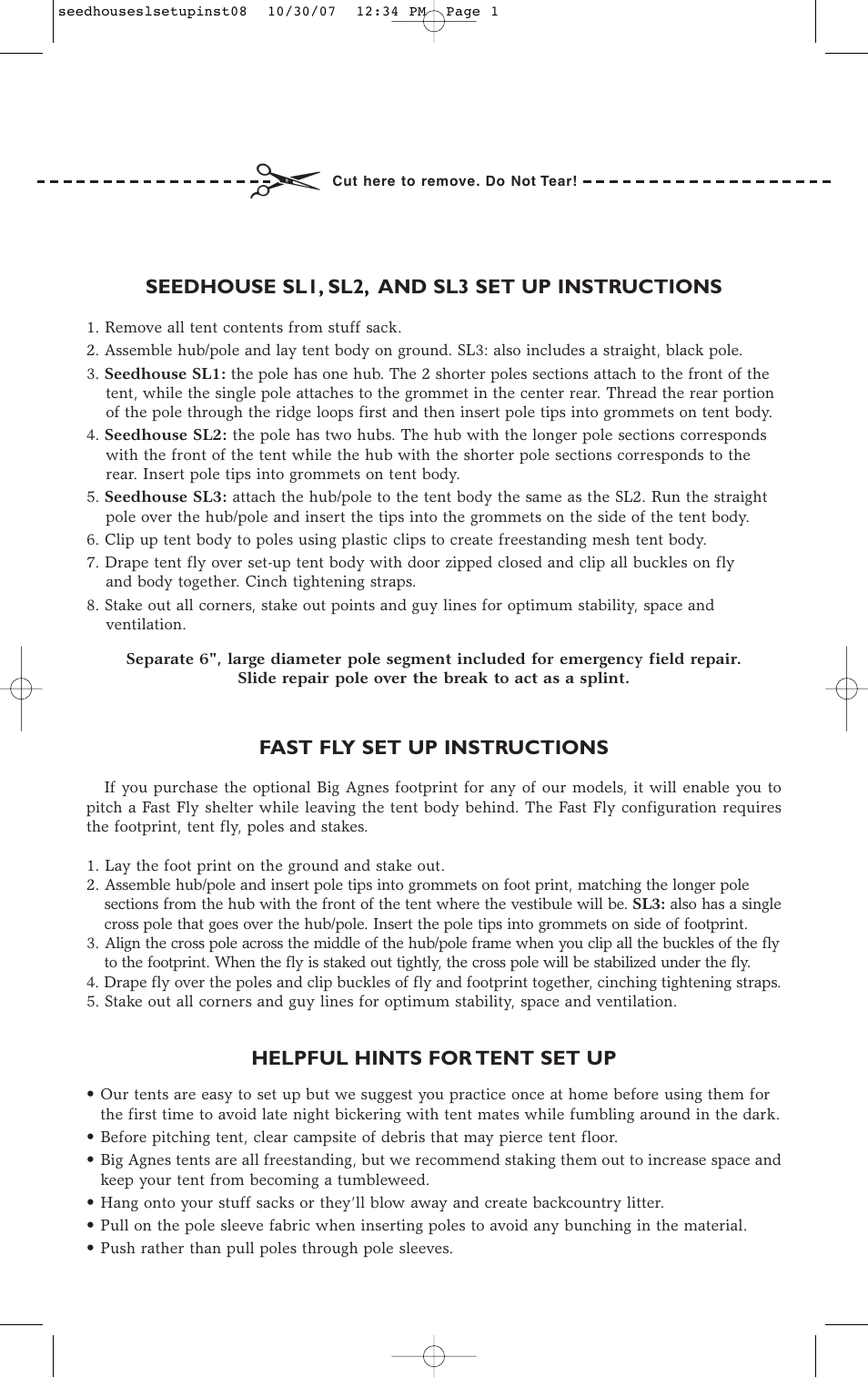 Big Agnes Seedhouse SL3 User Manual | 2 pages