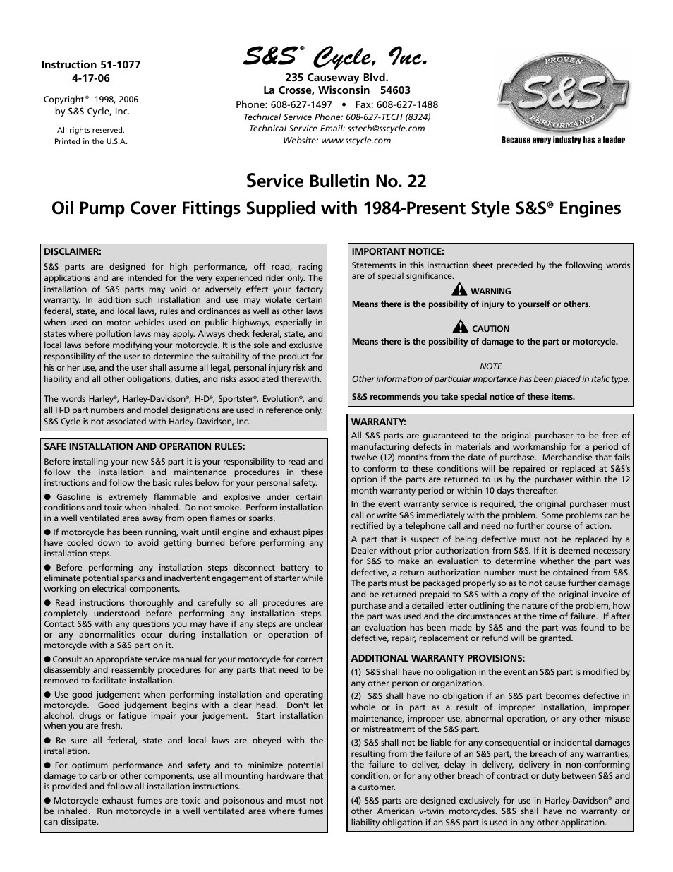S&S Cycle Oil Pump Cover Fittings Supplied with 1984-Present Style S&S Engines User Manual | 2 pages