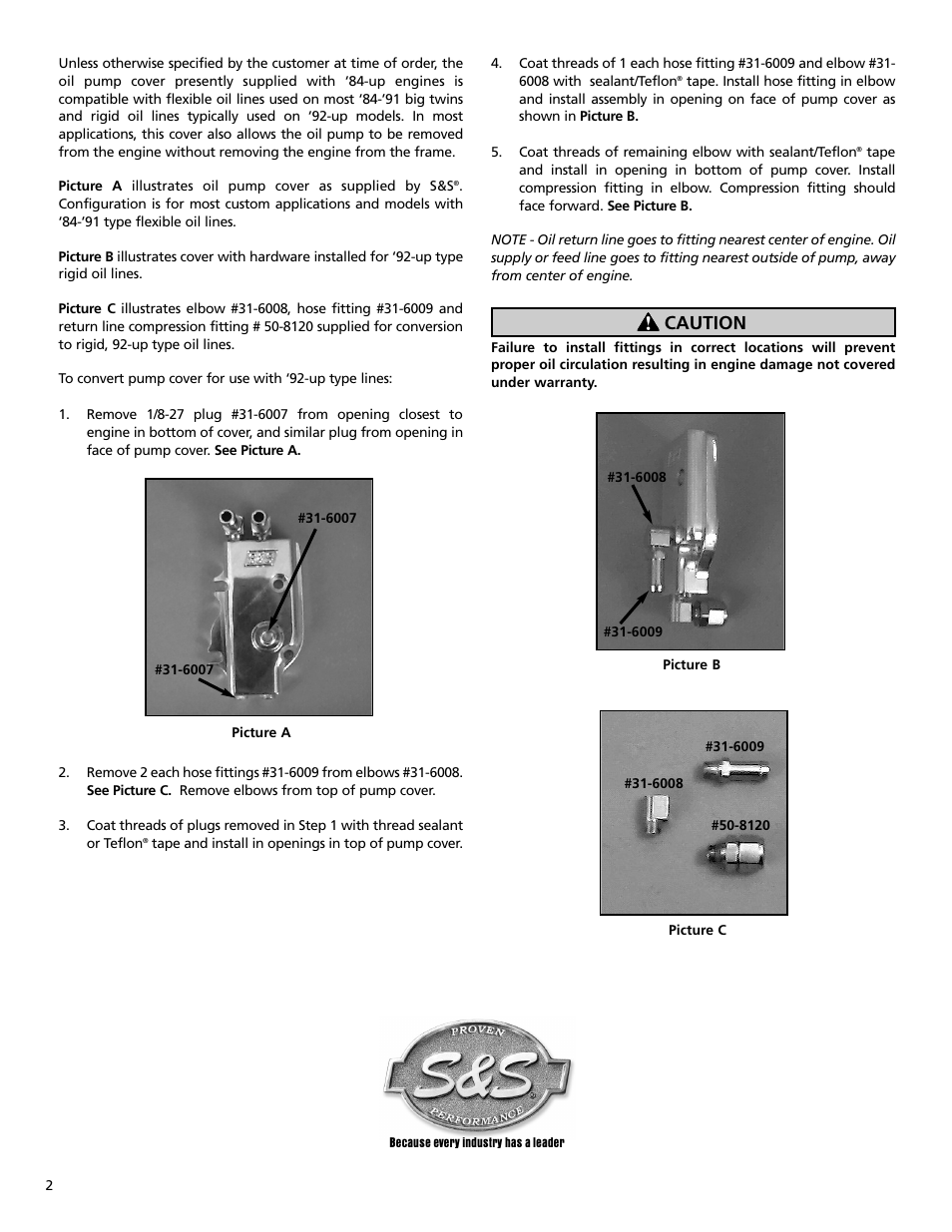 Caution | S&S Cycle Oil Pump Cover Fittings Supplied with 1984-Present Style S&S Engines User Manual | Page 2 / 2
