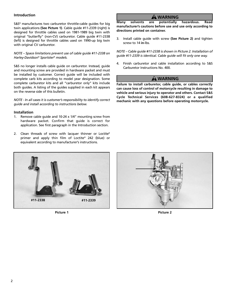 Warning | S&S Cycle Cable Guides for S&S Super E & Super G Carburetors User Manual | Page 2 / 4