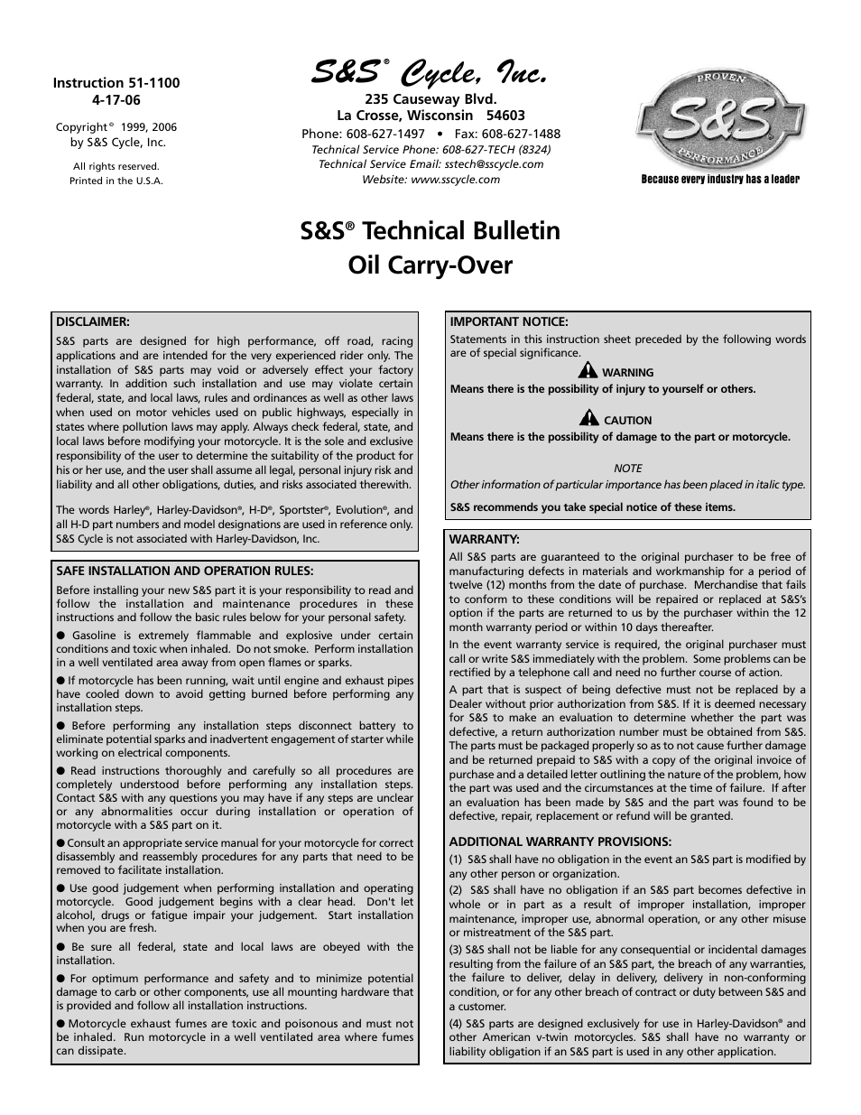 S&S Cycle Oil Carry-Over User Manual | 2 pages