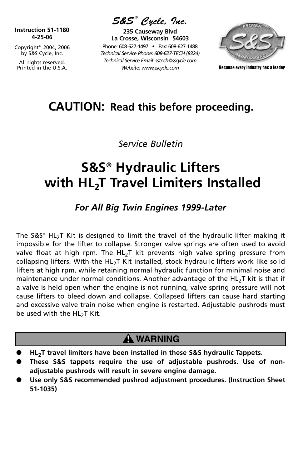 S&S Cycle Hydraulic Lifters with HL2T Travel Limiters Installed User Manual | 1 page