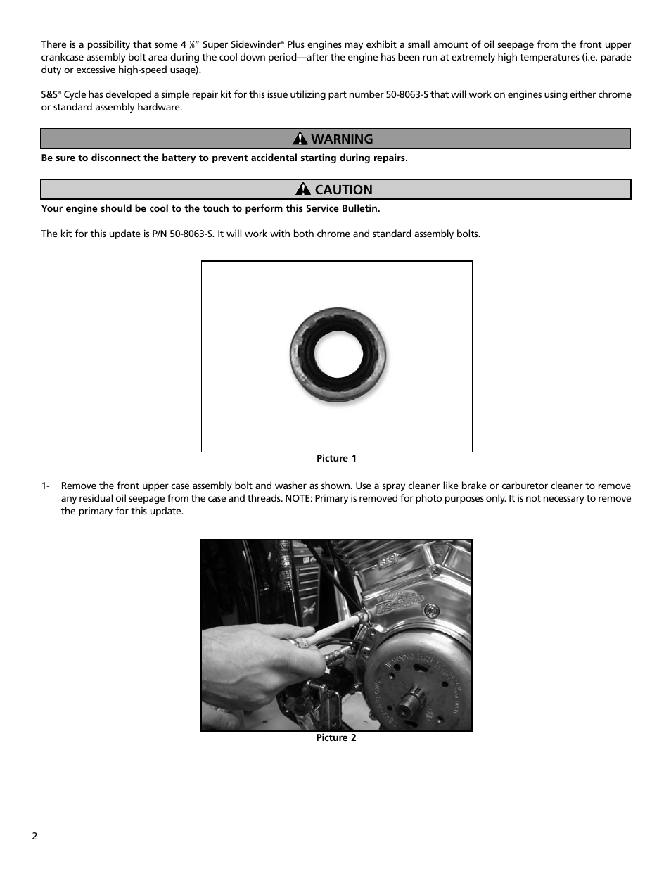 Caution warning | S&S Cycle Possible Oil Seepage with PN 50-8063-S User Manual | Page 2 / 4